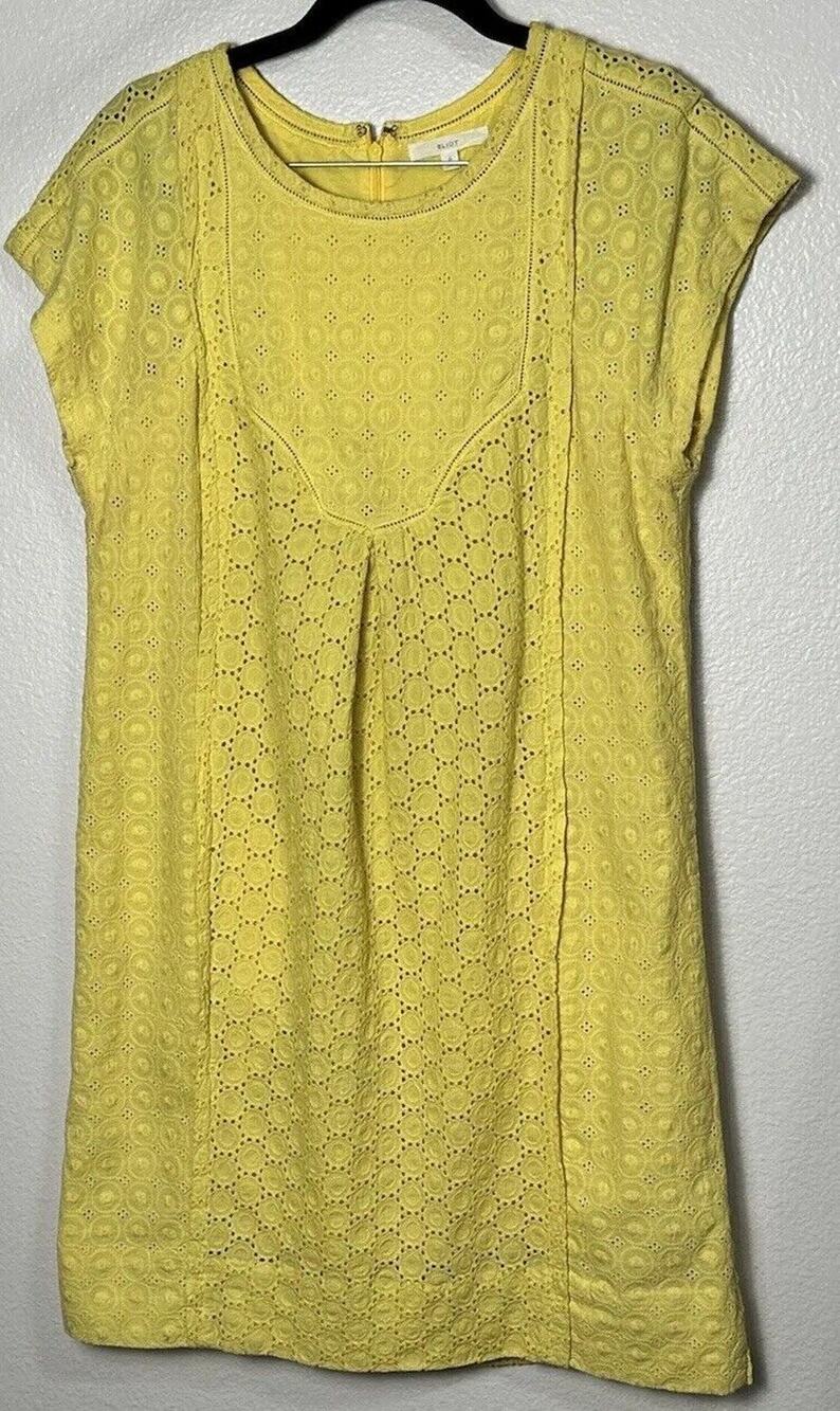 Eliot Women’s Pastel Yellow Embroidered Eyelet Mini Dress Pockets Zipper Size 6